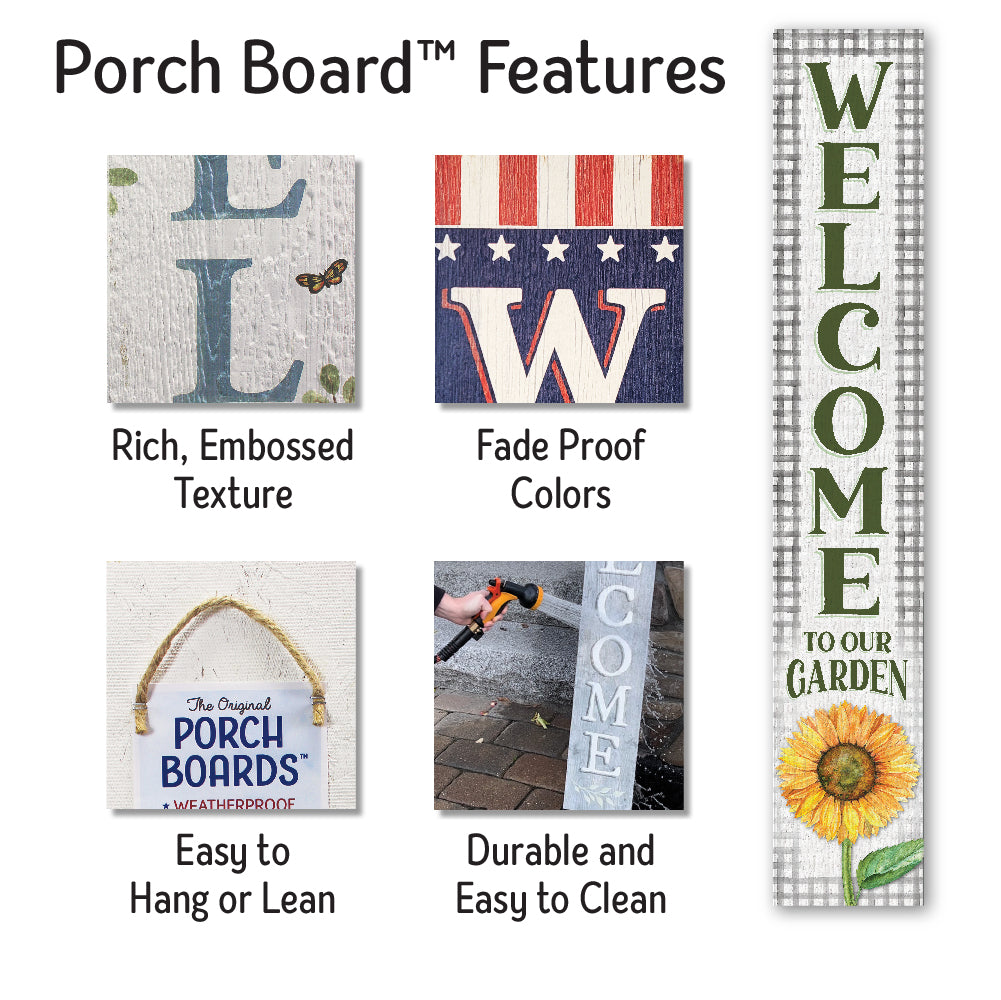 Welcome To Our Gardengreen Plaid W/ Sunflower Porch Board 8" Wide x 46.5" tall / Made in the USA! / 100% Weatherproof Material