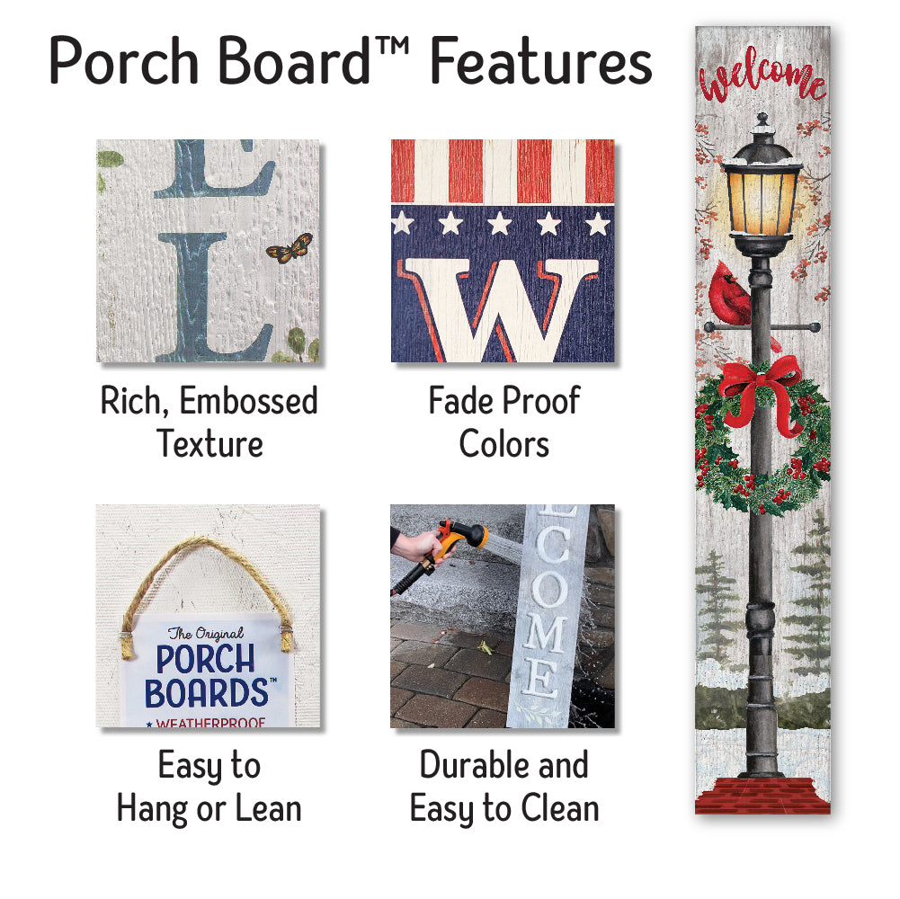 Welcome With Lantern On Bricks Porch Board 8" Wide x 46.5" tall / Made in the USA! / 100% Weatherproof Material
