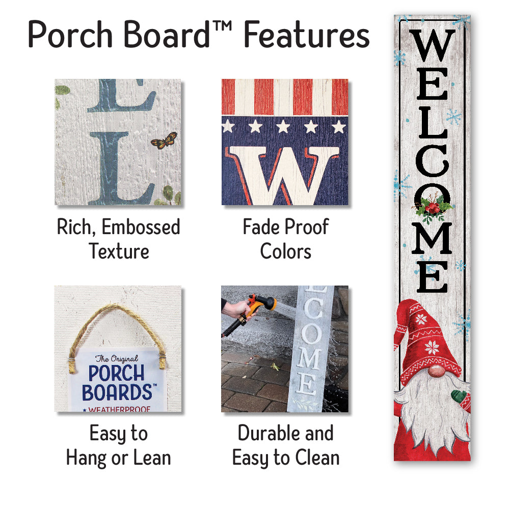 Welcome Gnome In Red Robe Porch Board 8" Wide x 46.5" tall / Made in the USA! / 100% Weatherproof Material