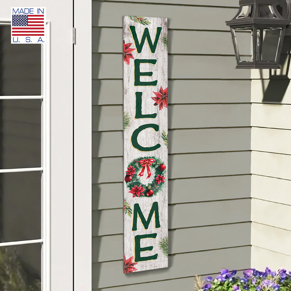 Welcome W/ Christmas Wreath Porch Board 8" Wide x 46.5" tall / Made in the USA! / 100% Weatherproof Material