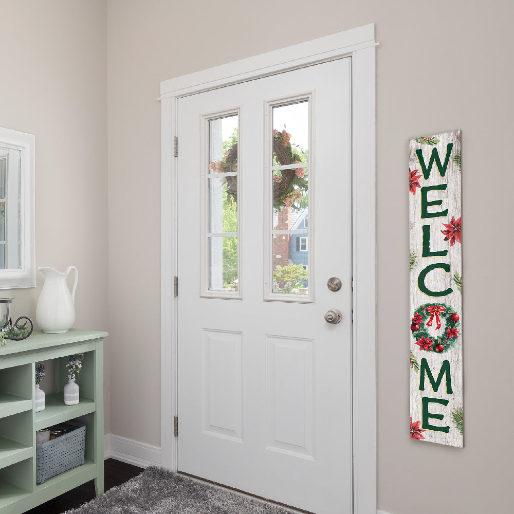 Welcome W/ Christmas Wreath Porch Board 8" Wide x 46.5" tall / Made in the USA! / 100% Weatherproof Material