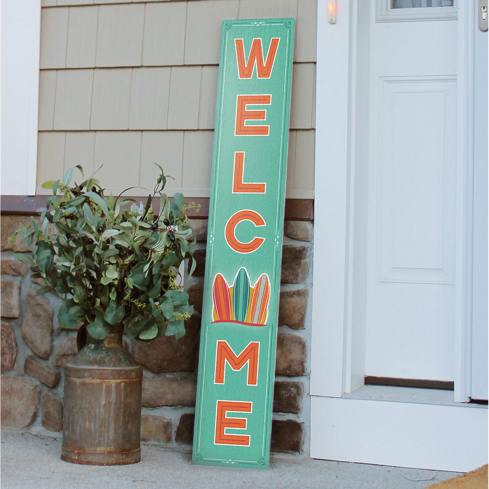 Welcome W/ Surf Boards Porch Board 8" Wide x 46.5" tall / Made in the USA! / 100% Weatherproof Material