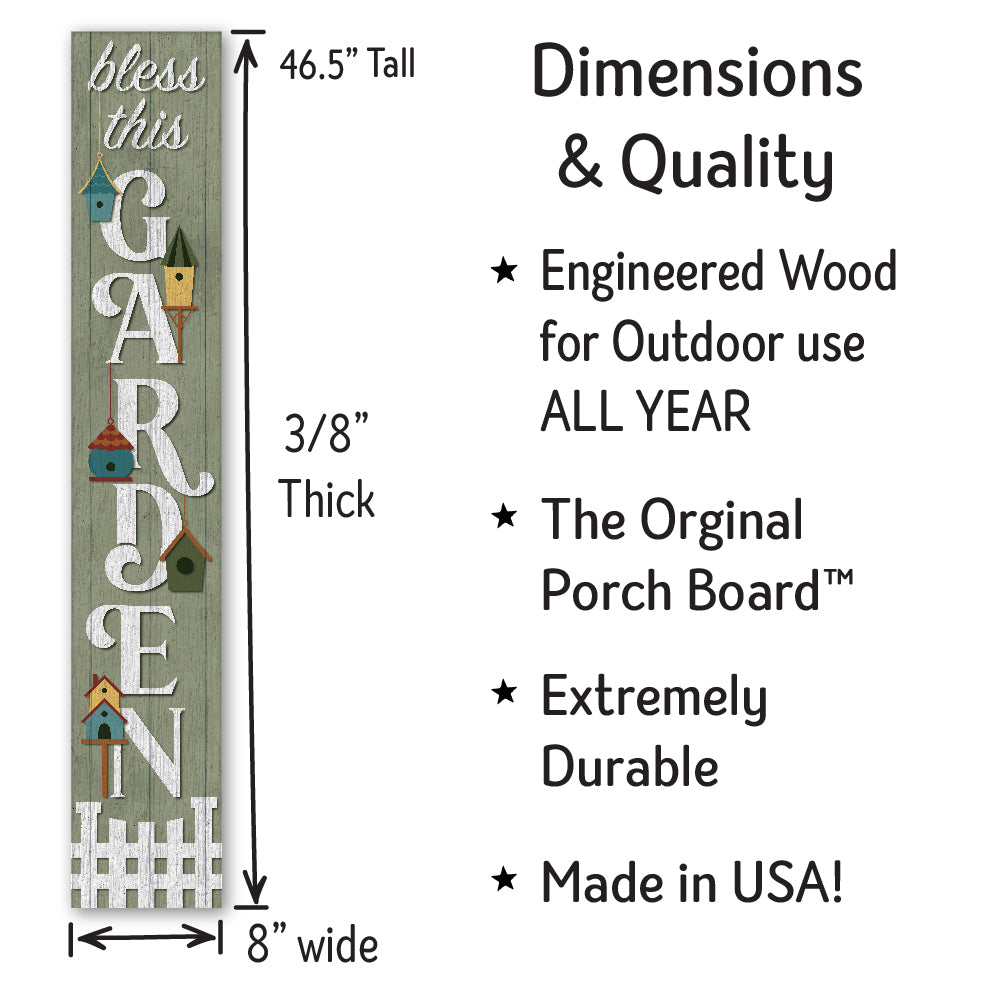 Bless This Garden Green Porch Board 8" Wide x 46.5" tall / Made in the USA! / 100% Weatherproof Material