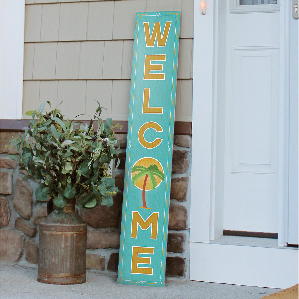 Welcome W/ Palm Tree Porch Board 8" Wide x 46.5" tall / Made in the USA! / 100% Weatherproof Material