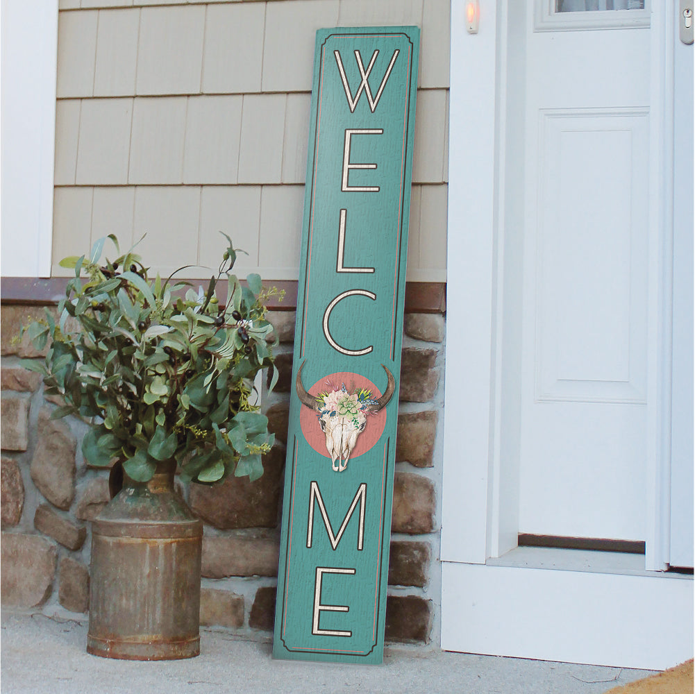 Welcome W/ Bull Skull Porch Board 8" Wide x 46.5" tall / Made in the USA! / 100% Weatherproof Material