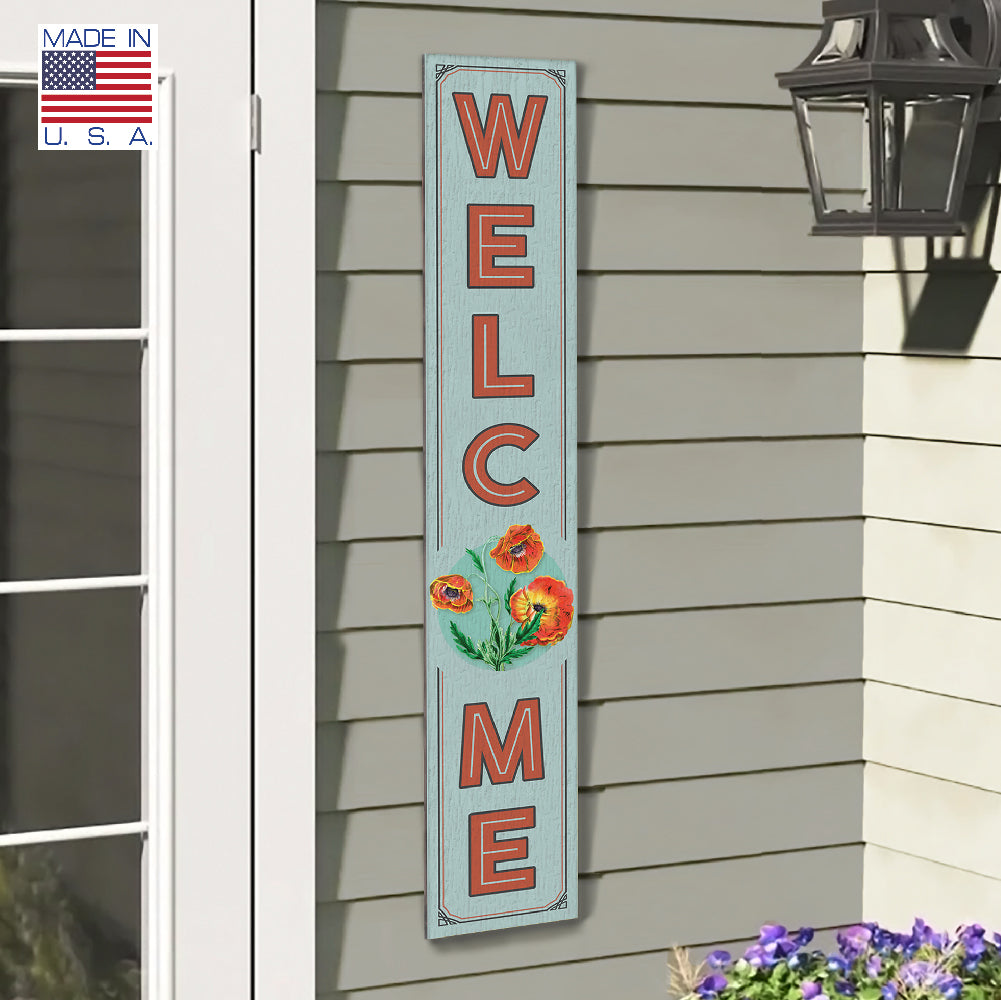 Welcome W/ California Poppy Porch Board 8" Wide x 46.5" tall / Made in the USA! / 100% Weatherproof Material