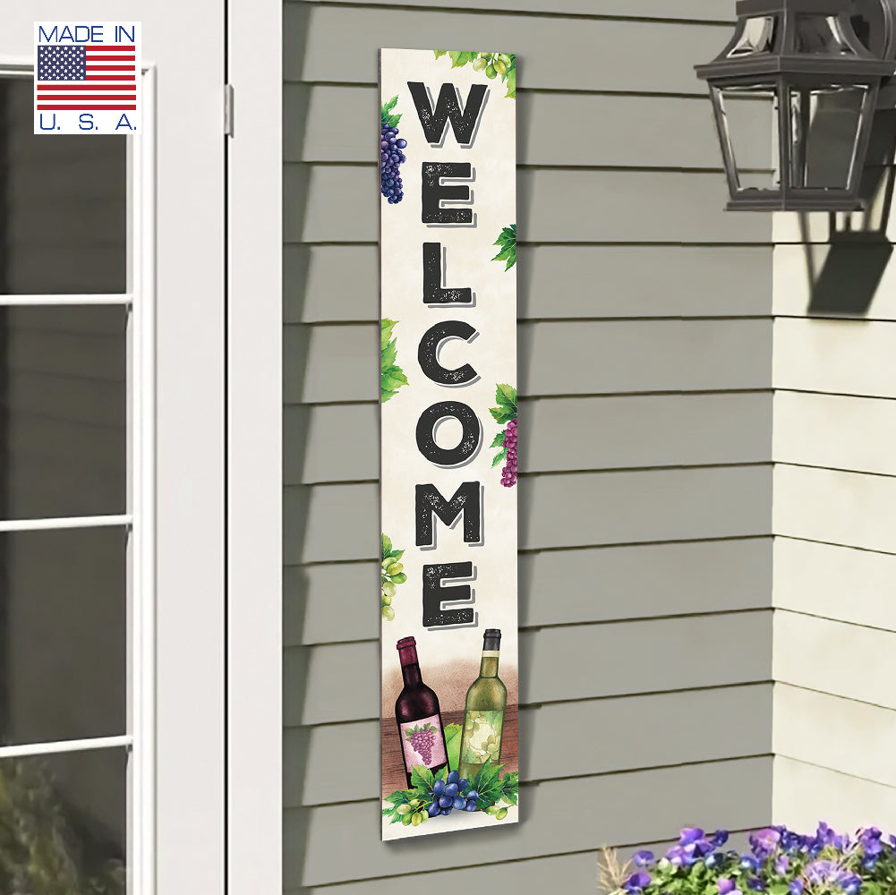 Welcome W/ Grapes And Wine Bottles Porch Board 8" Wide x 46.5" tall / Made in the USA! / 100% Weatherproof Material