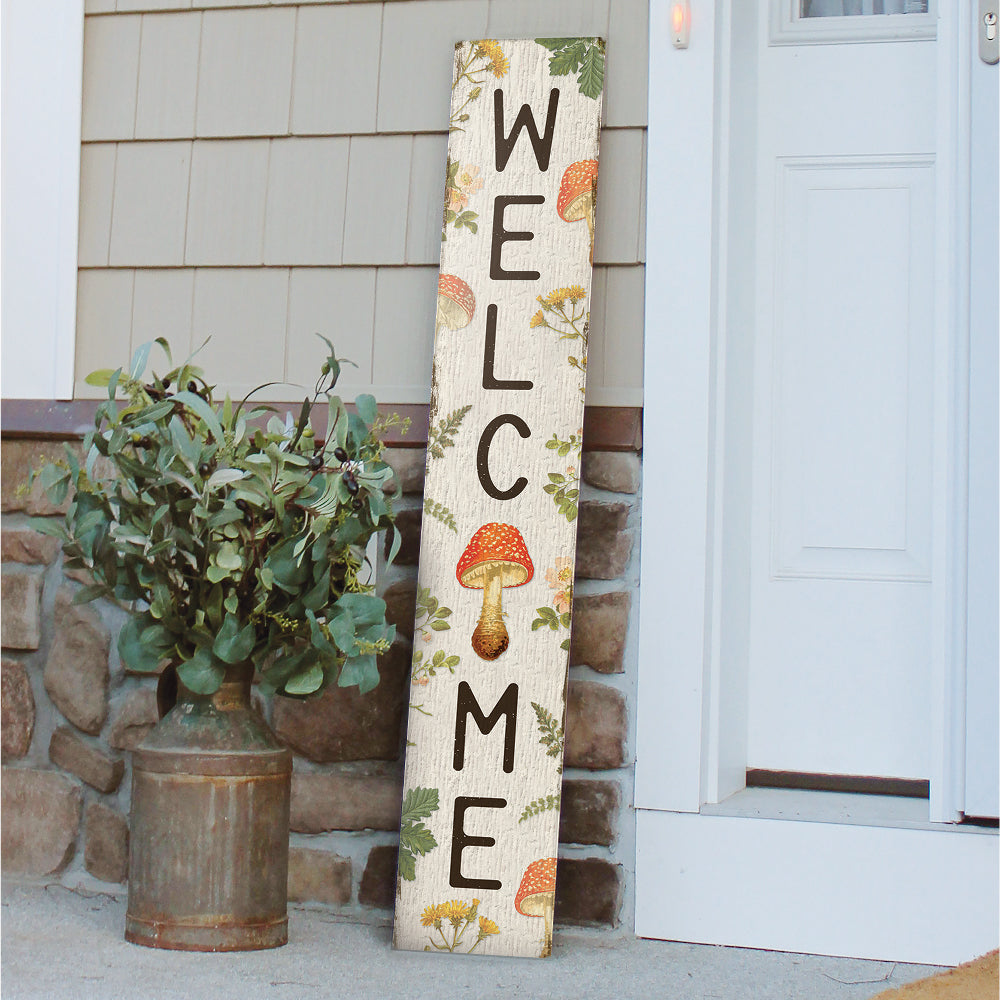 Welcome W/ Red Mushrooms Porch Board 8" Wide x 46.5" tall / Made in the USA! / 100% Weatherproof Material