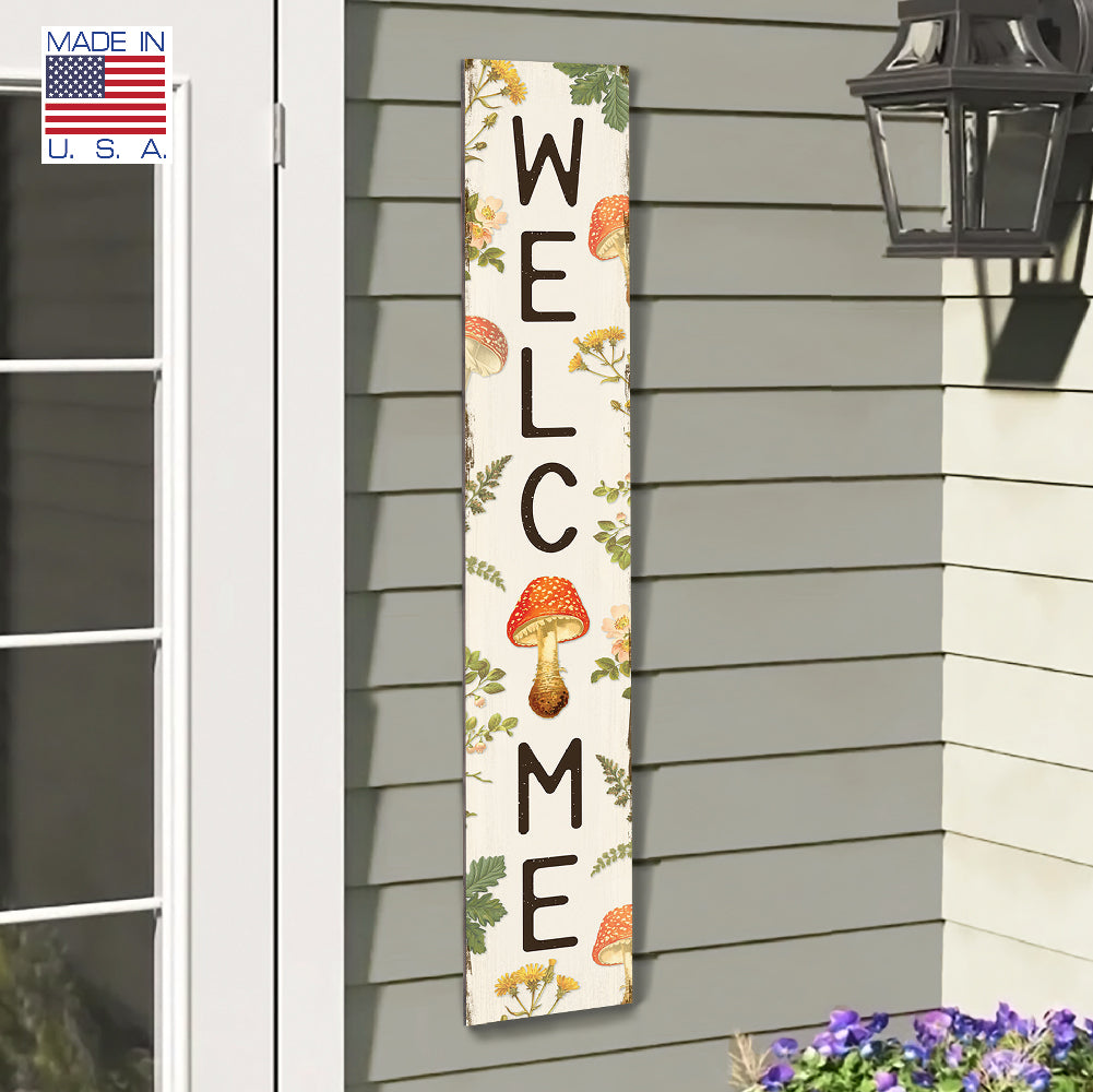 Welcome W/ Red Mushrooms Porch Board 8" Wide x 46.5" tall / Made in the USA! / 100% Weatherproof Material