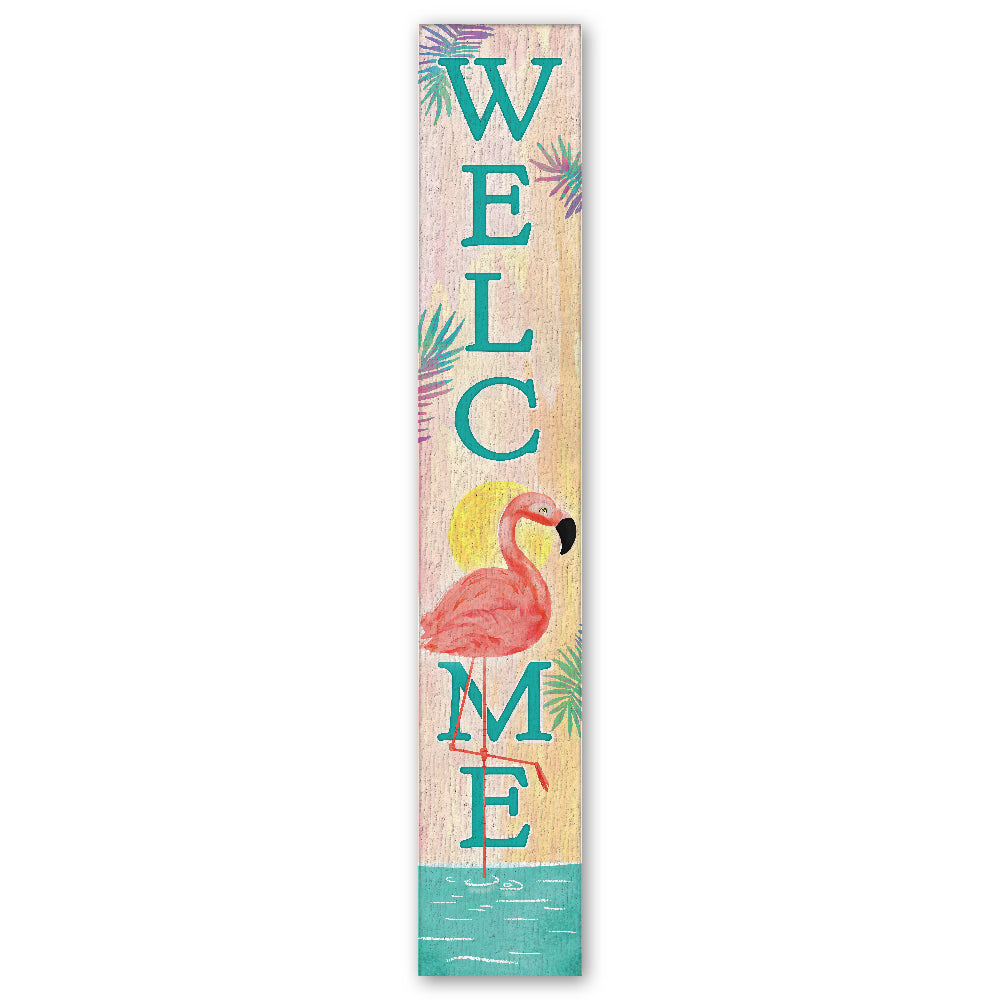 Welcome W/ Flamingo And Palm Porch Board 8" Wide x 46.5" tall / Made in the USA! / 100% Weatherproof Material