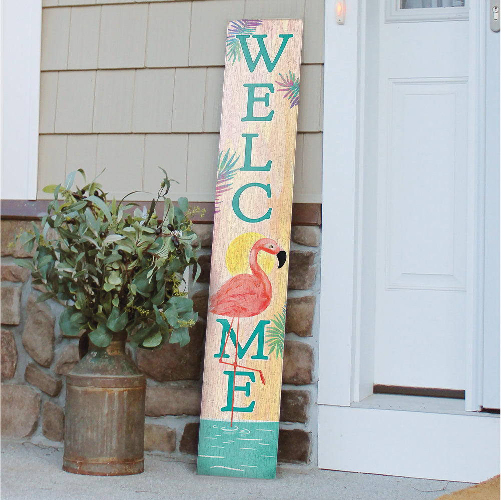 Welcome W/ Flamingo And Palm Porch Board 8" Wide x 46.5" tall / Made in the USA! / 100% Weatherproof Material