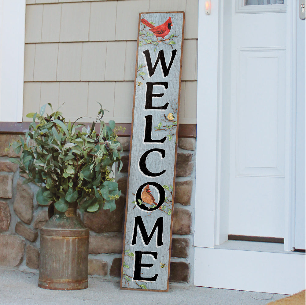 Welcome Spring Cardinals With Yellow Bird Porch Board 8" Wide x 46.5" tall / Made in the USA! / 100% Weatherproof Material