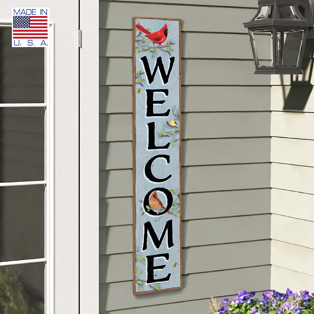Welcome Spring Cardinals With Yellow Bird Porch Board 8" Wide x 46.5" tall / Made in the USA! / 100% Weatherproof Material