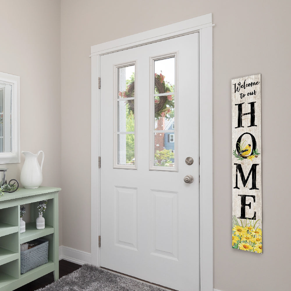 Welcome To Our Home With Goldfinch Porch Board 8" Wide x 46.5" tall / Made in the USA! / 100% Weatherproof Material