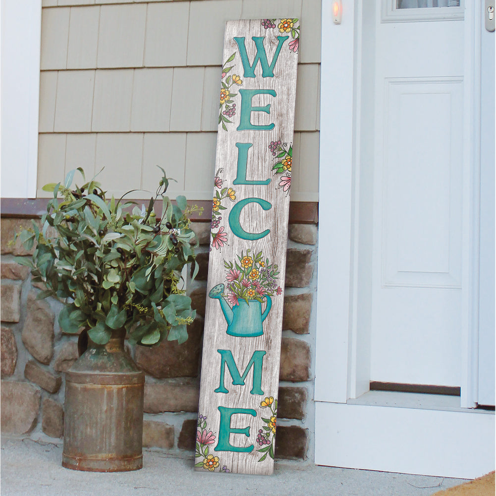 Welcome White Wash With Teal Letters And Watering Can Porch Board 8" Wide x 46.5" tall / Made in the USA! / 100% Weatherproof Material
