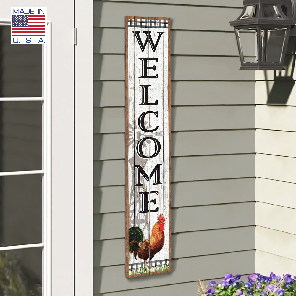 Welcome With Rooster And Windmill Porch Board 8" Wide x 46.5" tall / Made in the USA! / 100% Weatherproof Material