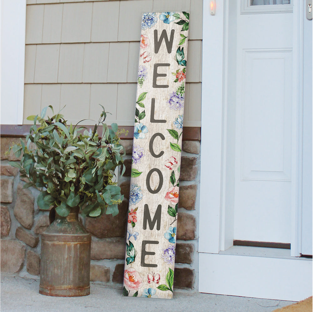 Welcome With Floral And Butterflies Porch Board 8" Wide x 46.5" tall / Made in the USA! / 100% Weatherproof Material