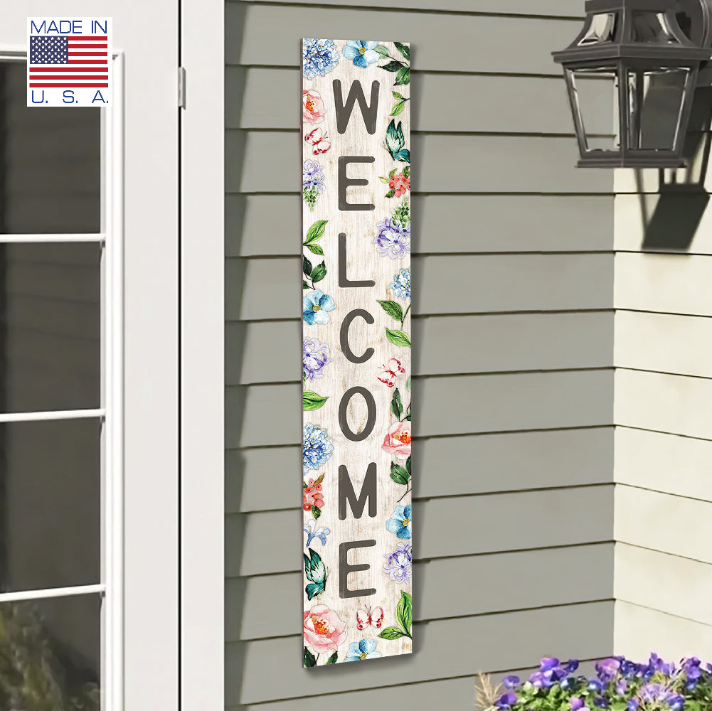 Welcome With Floral And Butterflies Porch Board 8" Wide x 46.5" tall / Made in the USA! / 100% Weatherproof Material