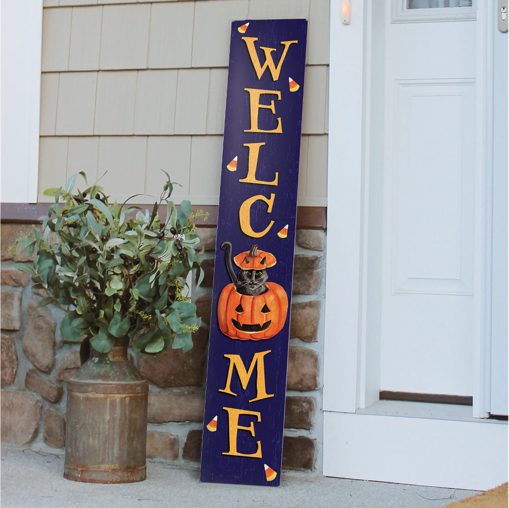 Welcome With Cat In Pumpkin Porch Board 8" Wide x 46.5" tall / Made in the USA! / 100% Weatherproof Material