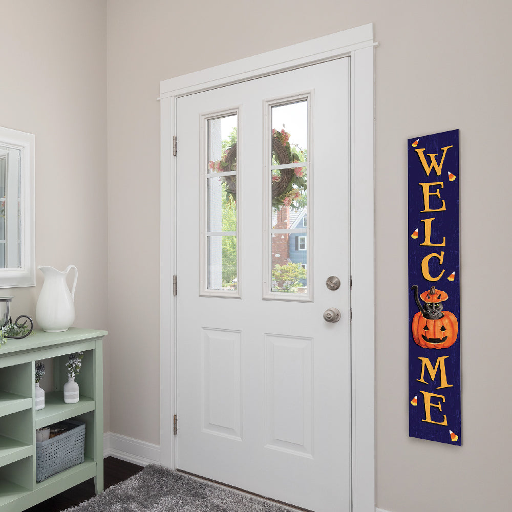 Welcome With Cat In Pumpkin Porch Board 8" Wide x 46.5" tall / Made in the USA! / 100% Weatherproof Material
