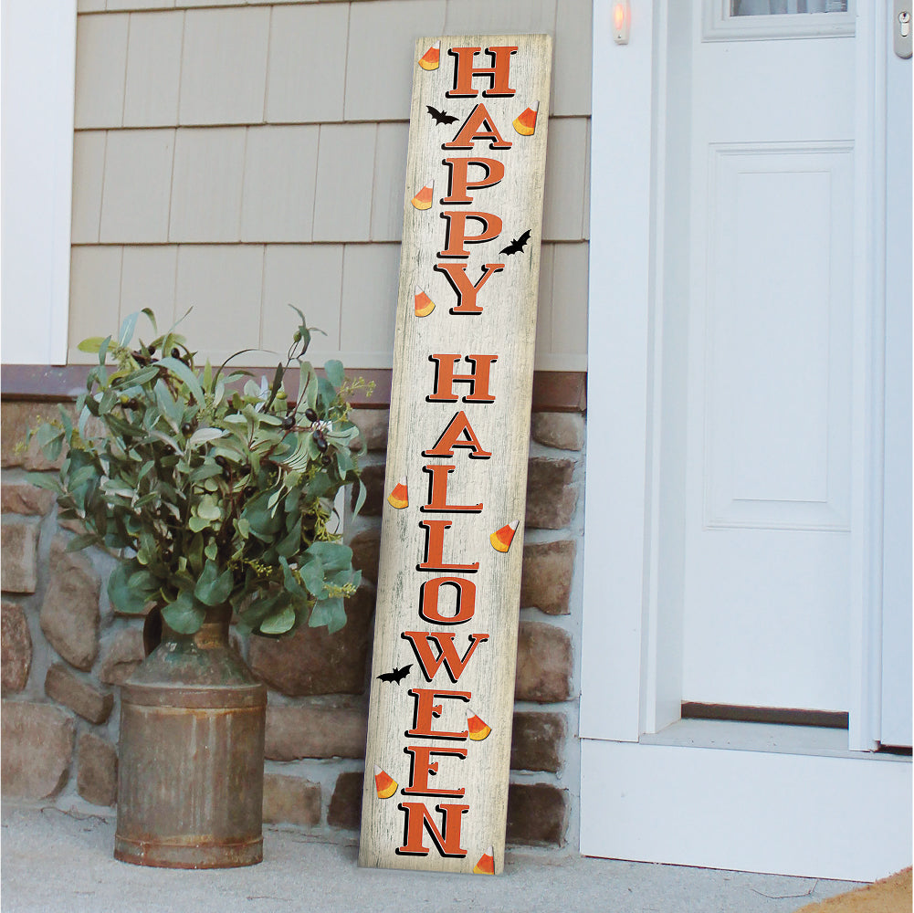 Happy Halloween With Candy Corn Porch Board 8" Wide x 46.5" tall / Made in the USA! / 100% Weatherproof Material