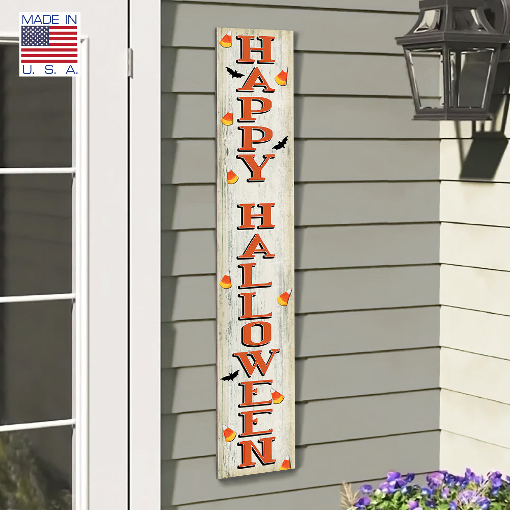 Happy Halloween With Candy Corn Porch Board 8" Wide x 46.5" tall / Made in the USA! / 100% Weatherproof Material