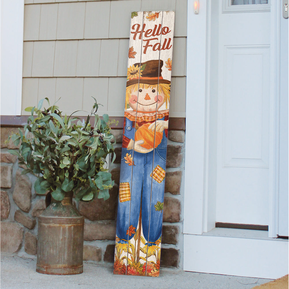 Hello Fall With Scarecrowporch Board 8" Wide x 46.5" tall / Made in the USA! / 100% Weatherproof Material