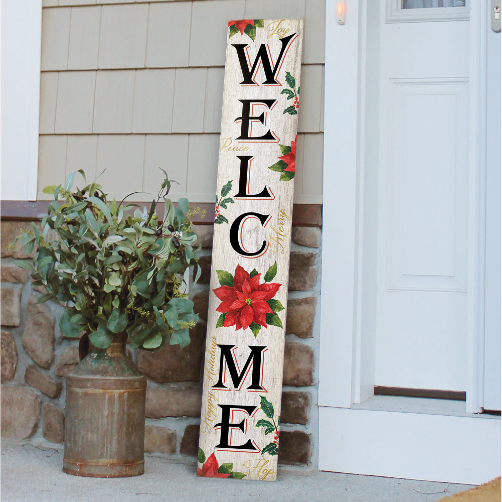 Welcome With Pointsettia Porch Board 8" Wide x 46.5" tall / Made in the USA! / 100% Weatherproof Material