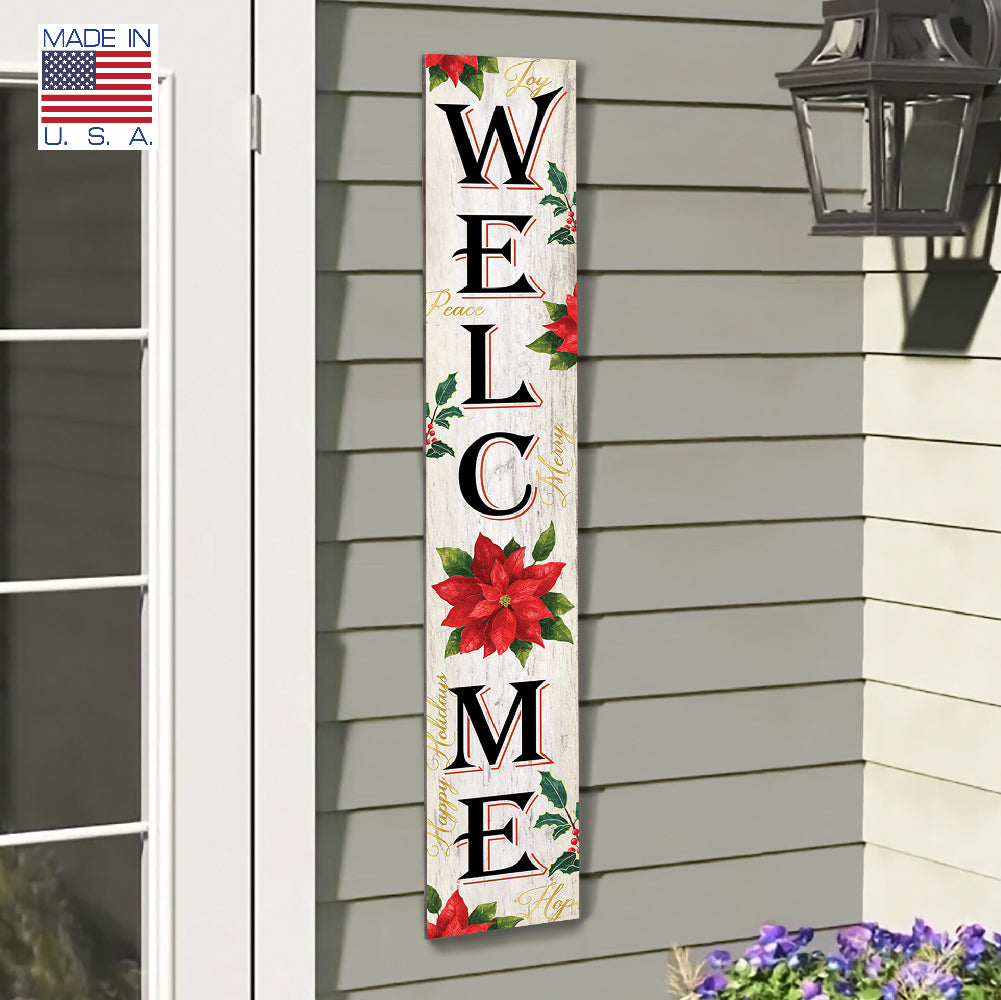 Welcome With Pointsettia Porch Board 8" Wide x 46.5" tall / Made in the USA! / 100% Weatherproof Material