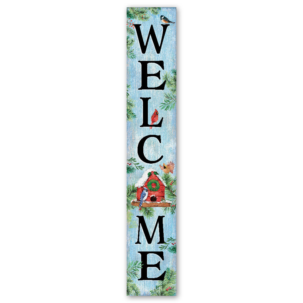 Welcome Porch Board With Winter Birdhouse Accent 8" Wide x 46.5" tall / Made in the USA! / 100% Weatherproof Material