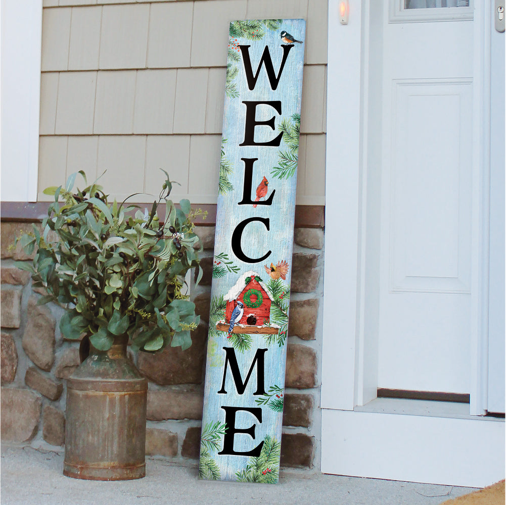 Welcome Porch Board With Winter Birdhouse Accent 8" Wide x 46.5" tall / Made in the USA! / 100% Weatherproof Material