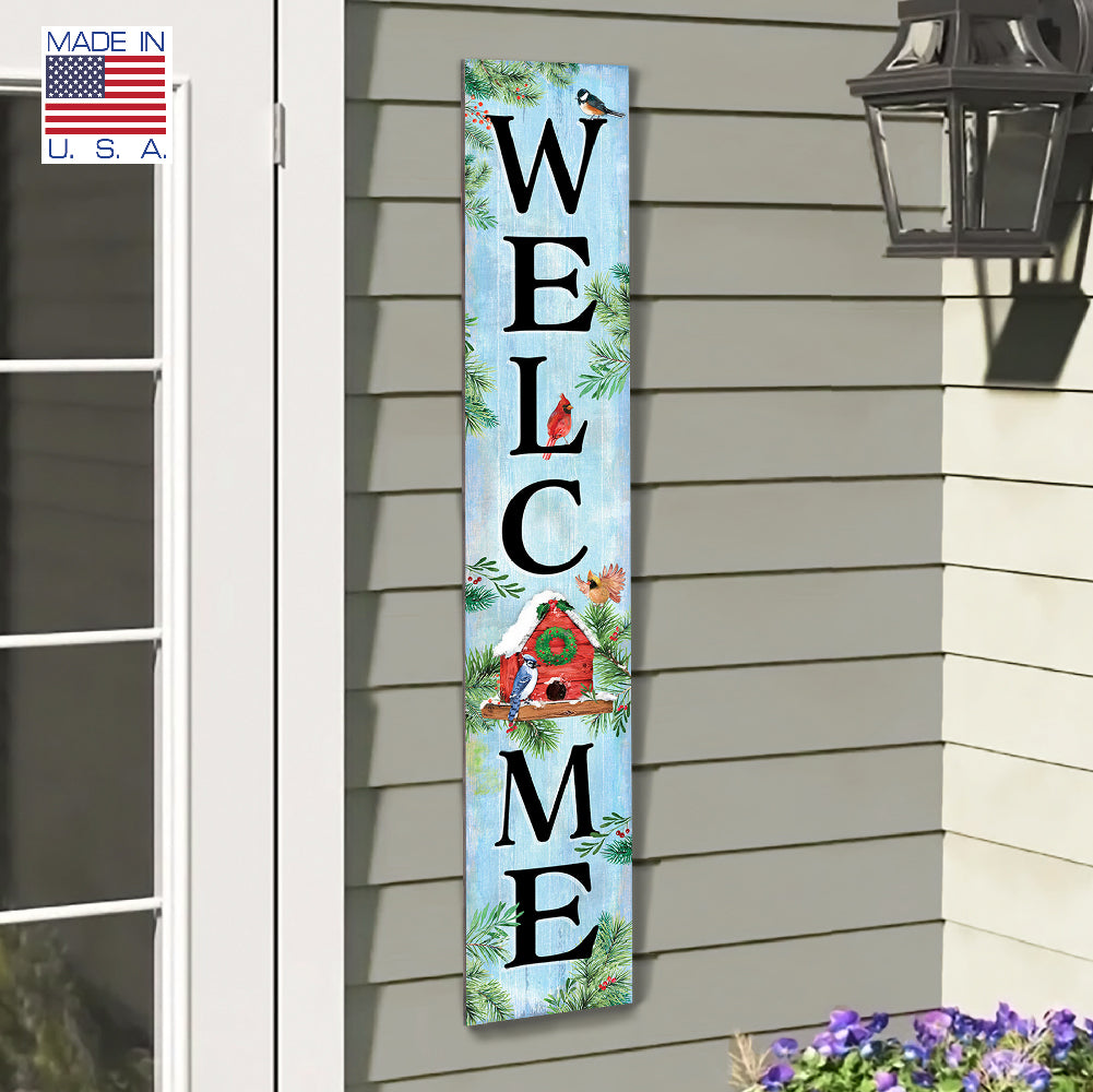 Welcome Porch Board With Winter Birdhouse Accent 8" Wide x 46.5" tall / Made in the USA! / 100% Weatherproof Material