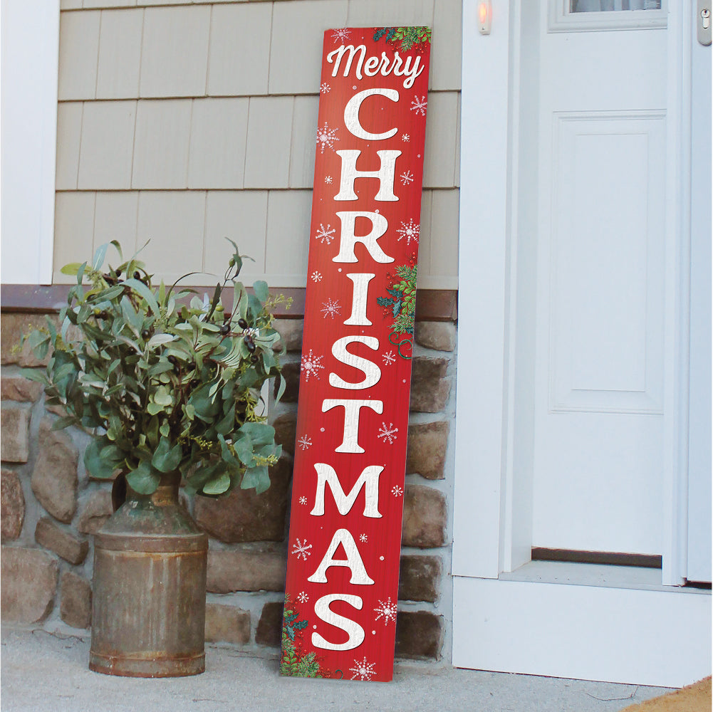 Merry Christmas With Snowflakes Porch Board 8" Wide x 46.5" tall / Made in the USA! / 100% Weatherproof Material