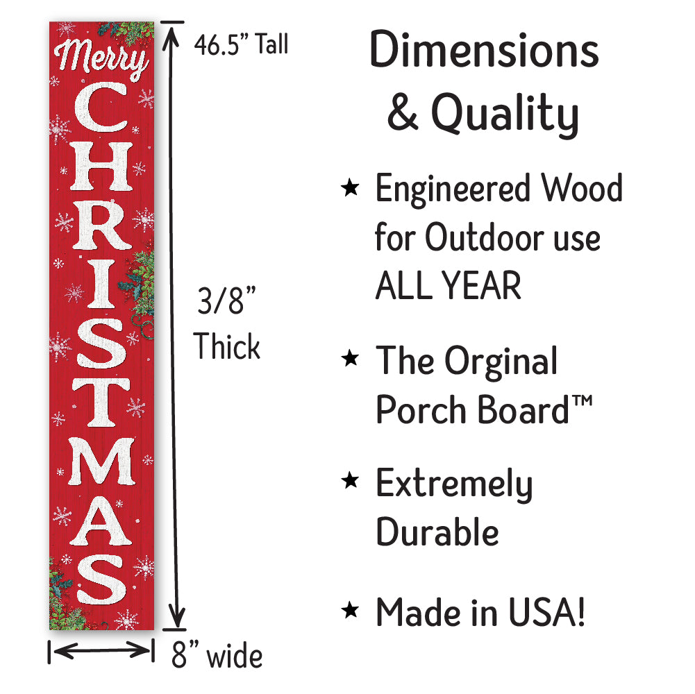 Merry Christmas With Snowflakes Porch Board 8" Wide x 46.5" tall / Made in the USA! / 100% Weatherproof Material