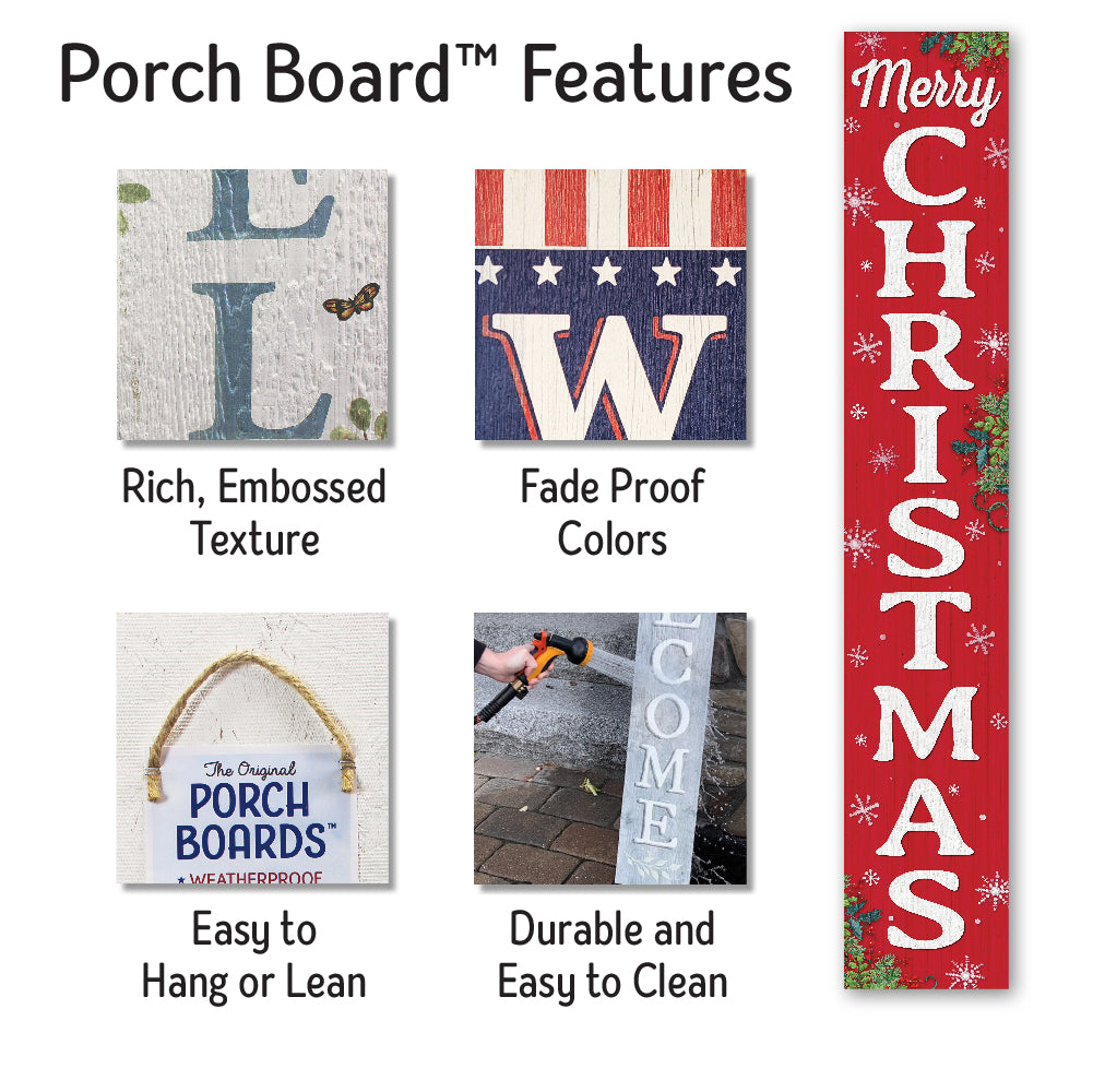 Merry Christmas With Snowflakes Porch Board 8" Wide x 46.5" tall / Made in the USA! / 100% Weatherproof Material