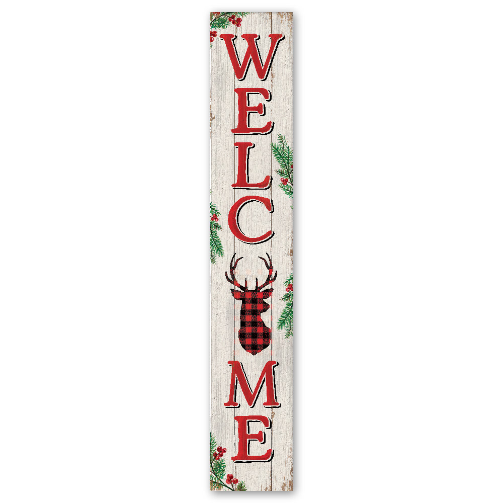 Welcome With Deer And Buffalo Plaid Porch Board 8" Wide x 46.5" tall / Made in the USA! / 100% Weatherproof Material