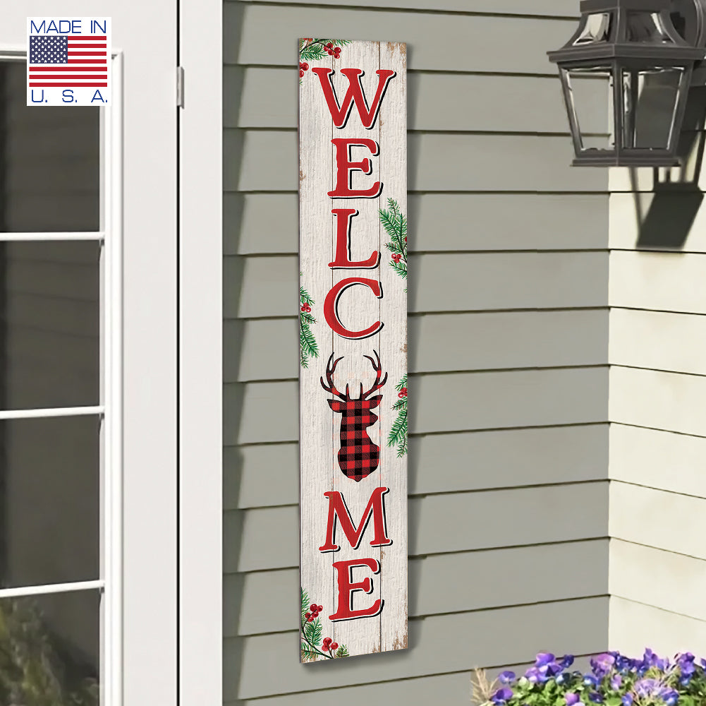 Welcome With Deer And Buffalo Plaid Porch Board 8" Wide x 46.5" tall / Made in the USA! / 100% Weatherproof Material