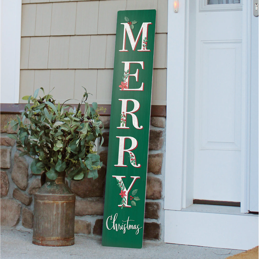 Merry Christmas With Pointsettia Porch Board 8" Wide x 46.5" tall / Made in the USA! / 100% Weatherproof Material