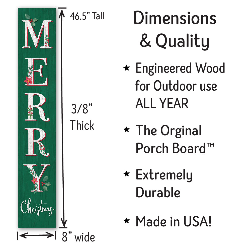 Merry Christmas With Pointsettia Porch Board 8" Wide x 46.5" tall / Made in the USA! / 100% Weatherproof Material