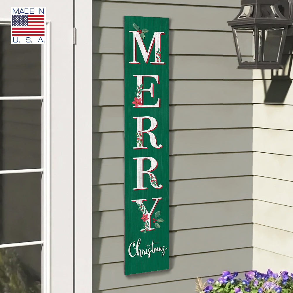 Merry Christmas With Pointsettia Porch Board 8" Wide x 46.5" tall / Made in the USA! / 100% Weatherproof Material