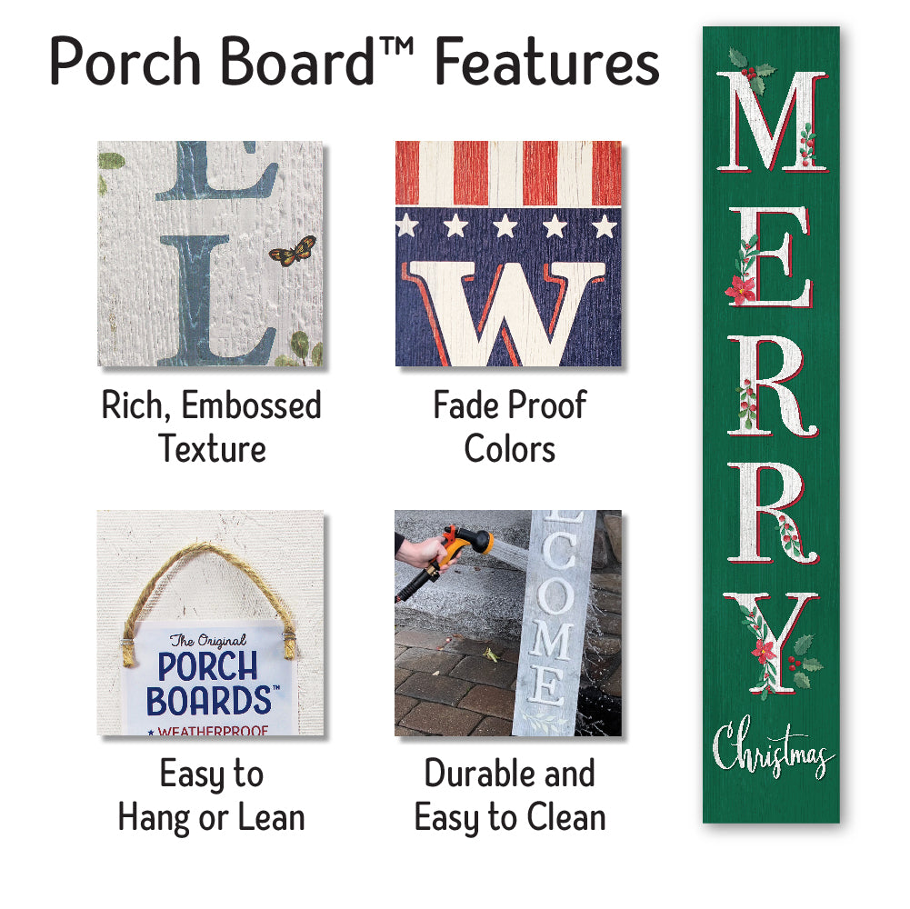 Merry Christmas With Pointsettia Porch Board 8" Wide x 46.5" tall / Made in the USA! / 100% Weatherproof Material