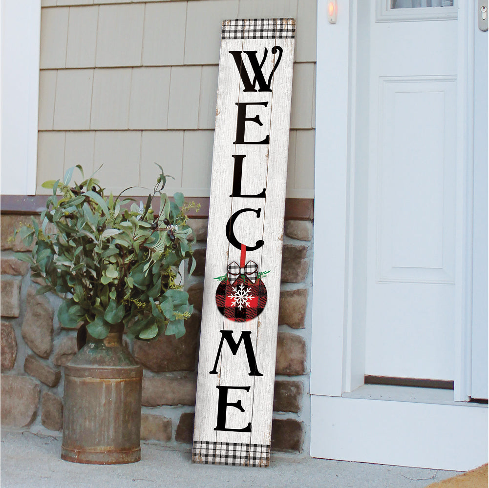 Welcome With Buffalo Plaid And Ornaments Porch Board 8" Wide x 46.5" tall / Made in the USA! / 100% Weatherproof Material