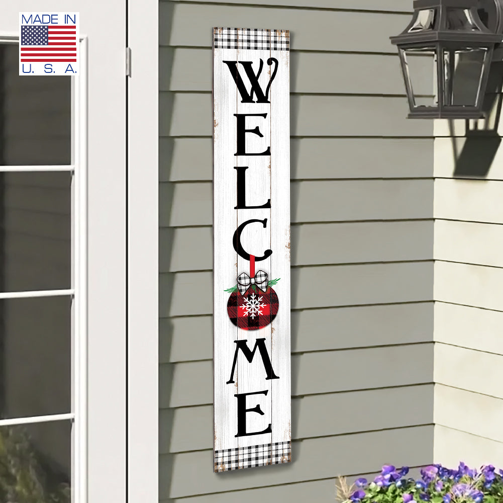 Welcome With Buffalo Plaid And Ornaments Porch Board 8" Wide x 46.5" tall / Made in the USA! / 100% Weatherproof Material