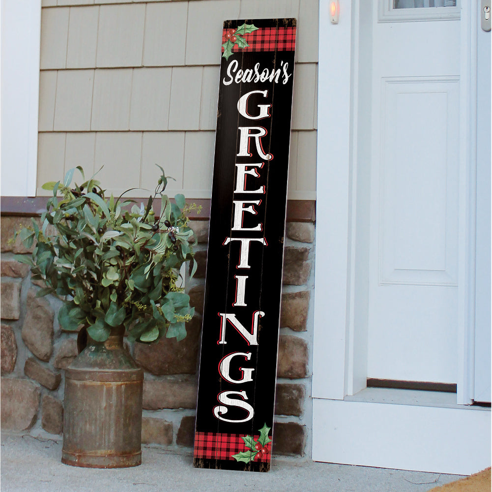 Black Seasons Greetings With Holly Porch Board 8" Wide x 46.5" tall / Made in the USA! / 100% Weatherproof Material