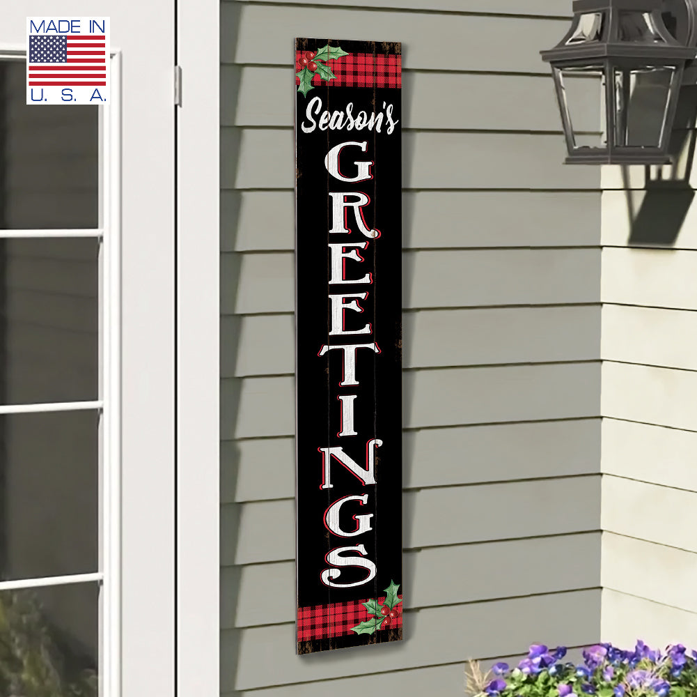 Black Seasons Greetings With Holly Porch Board 8" Wide x 46.5" tall / Made in the USA! / 100% Weatherproof Material