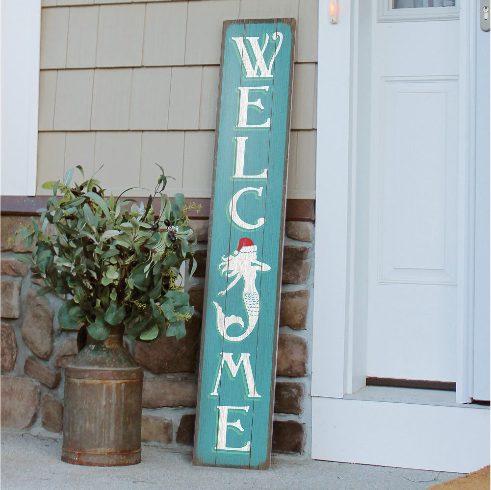 Welcome With Santa Hat On Mermaid Porch Board 8" Wide x 46.5" tall / Made in the USA! / 100% Weatherproof Material