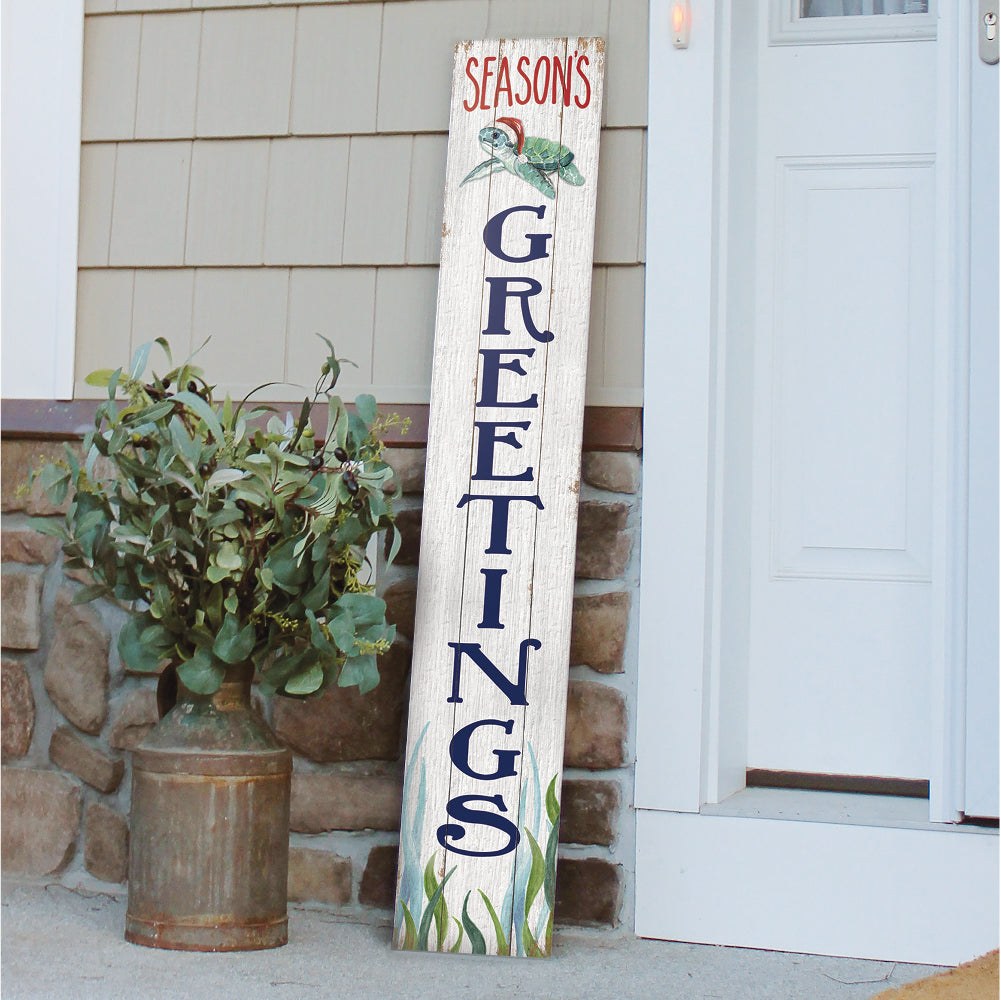 Seasons Greetings With Sea Turtle In Santa Hat Porch Board 8" Wide x 46.5" tall / Made in the USA! / 100% Weatherproof Material