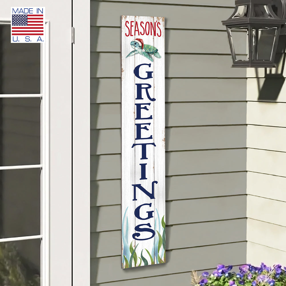 Seasons Greetings With Sea Turtle In Santa Hat Porch Board 8" Wide x 46.5" tall / Made in the USA! / 100% Weatherproof Material