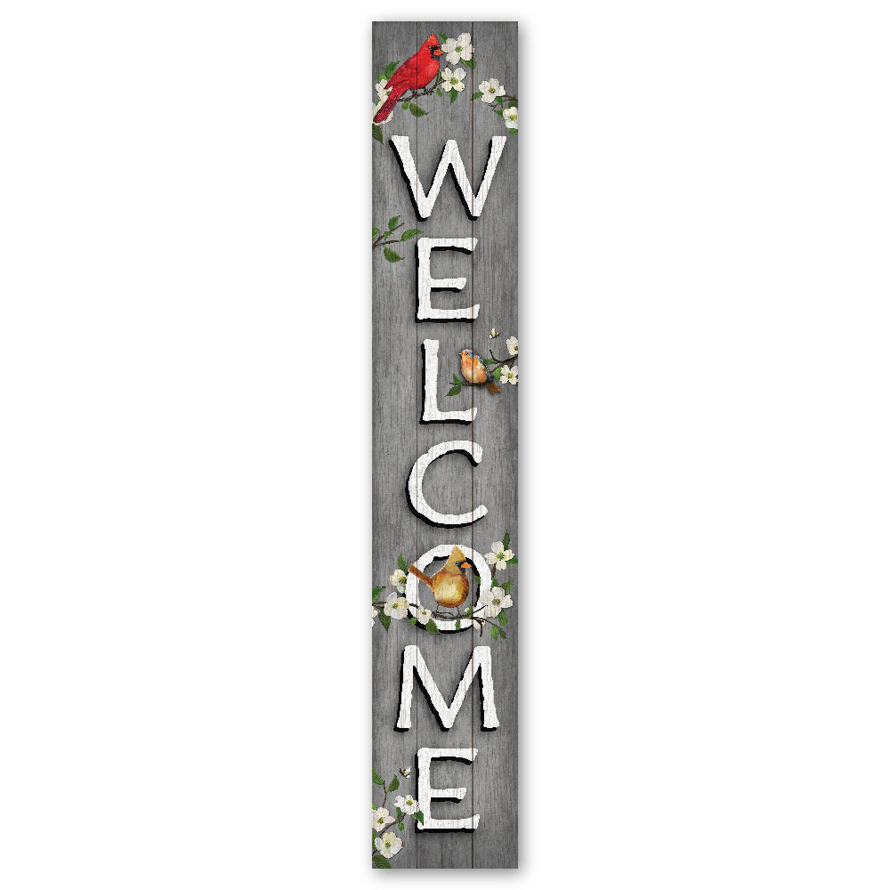Welcome With Pair Of Cardinals Porch Board 8" Wide x 46.5" tall / Made in the USA! / 100% Weatherproof Material