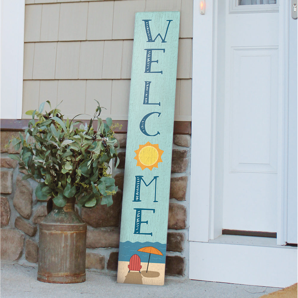 Welcome With Beach Chair And Umbrella Porch Board 8" Wide x 46.5" tall / Made in the USA! / 100% Weatherproof Material